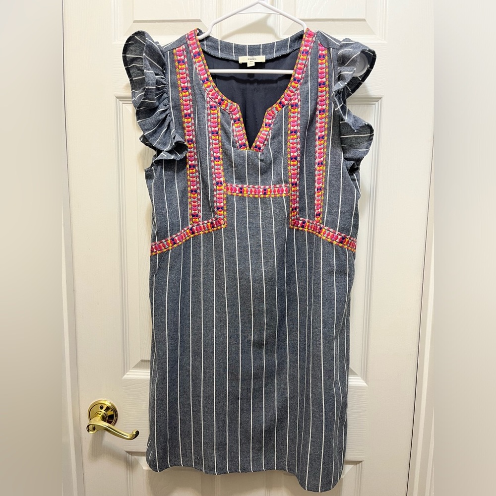 Entro Dress Womens Large Blue Striped Embroidered Boho Festival Southwest Casual